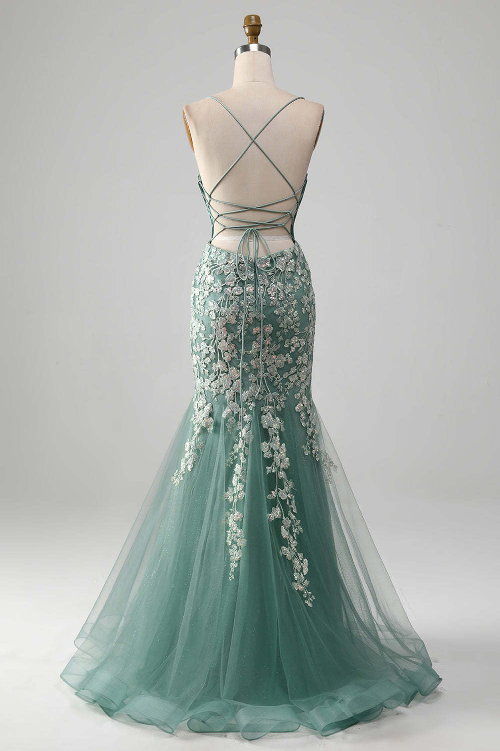 Mermaid Lace-Up Back Light Green Prom Dress with Appliques