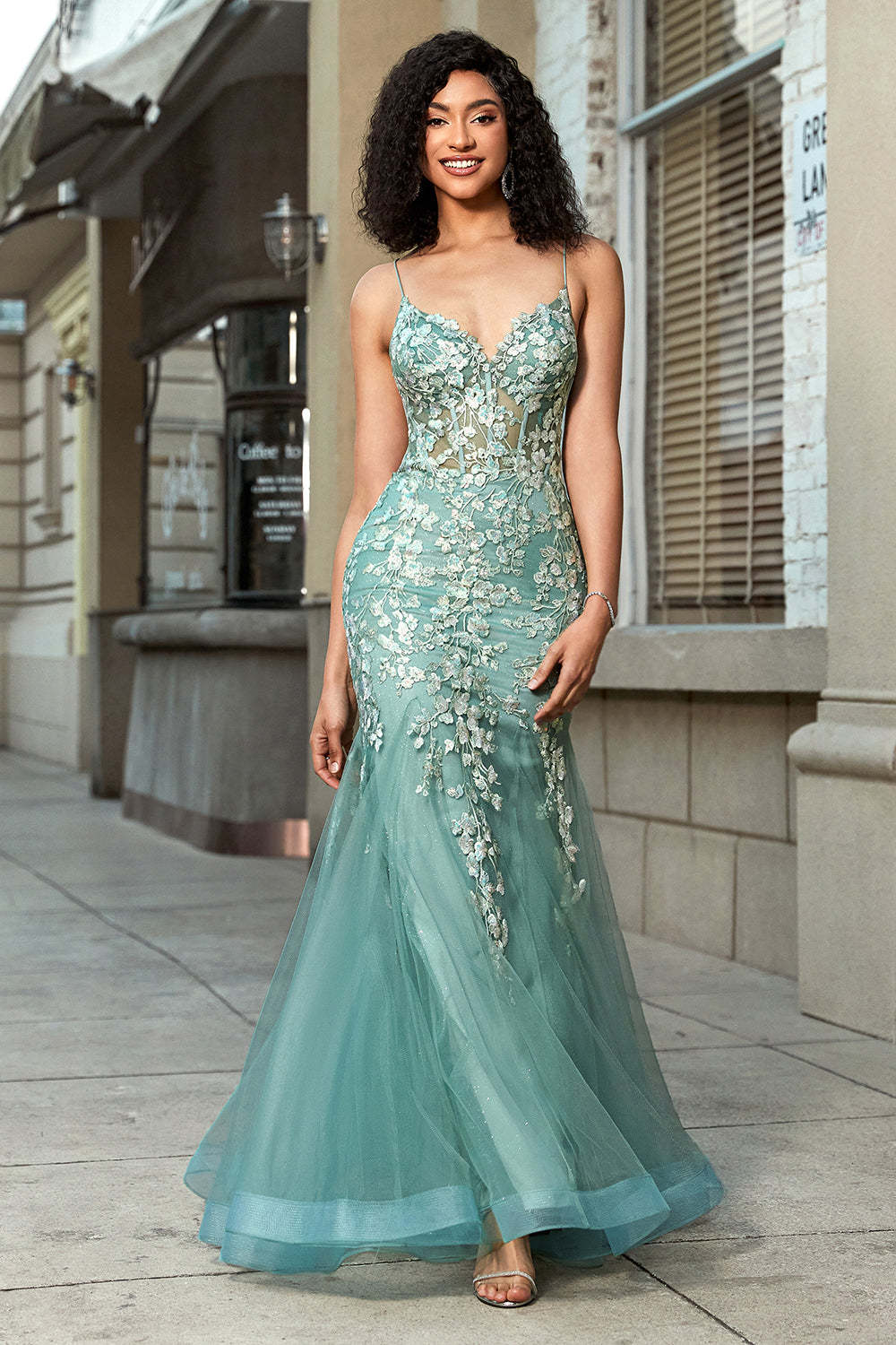 Leely Women Light Green Long Corset Prom Dress With Appliques Tulle Mermaid Spaghetti Straps Evening Dress