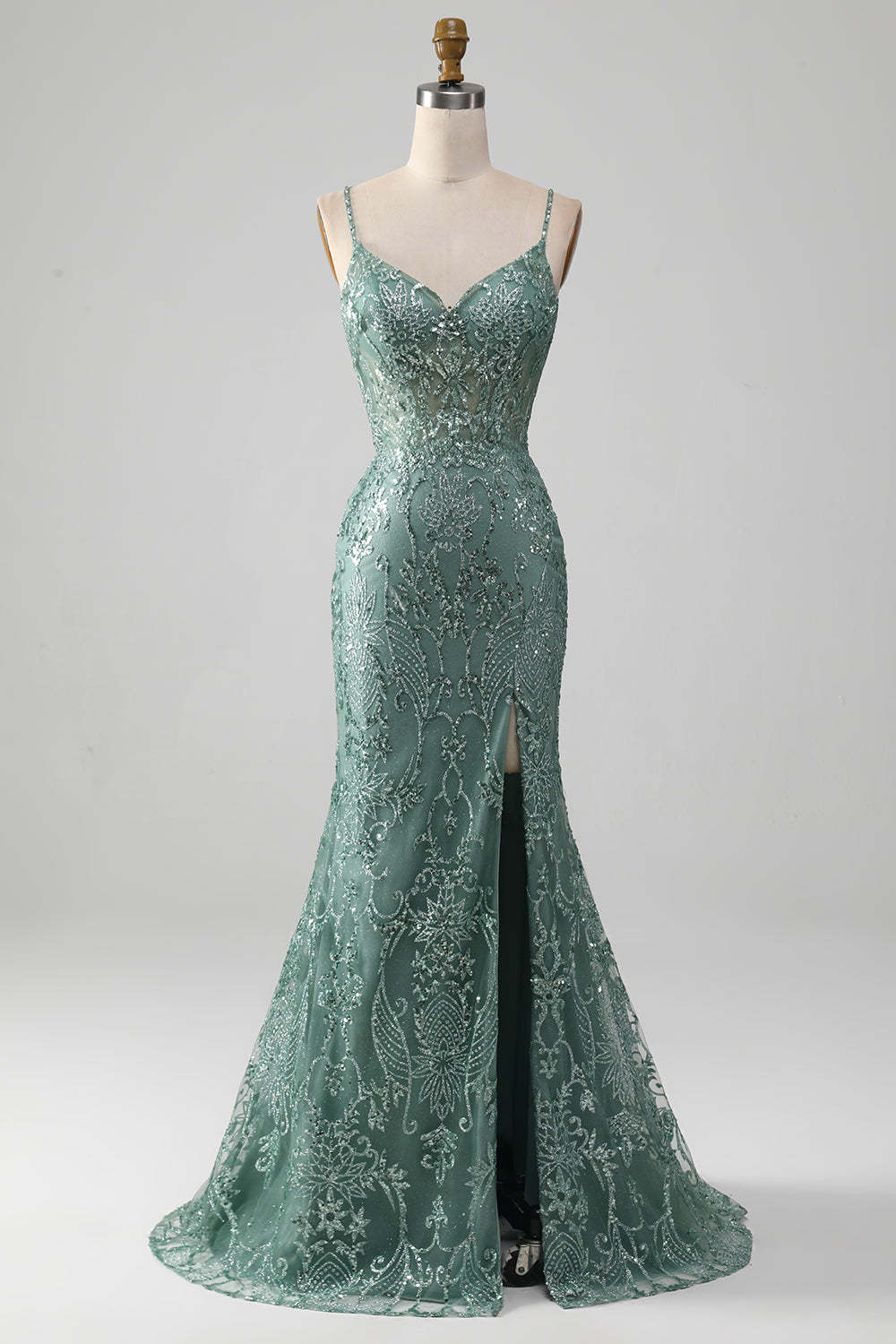 Leely Women Sparkly Grey Green Prom Dress with Beading Mermaid Spaghetti Staps Party Dress with Slit