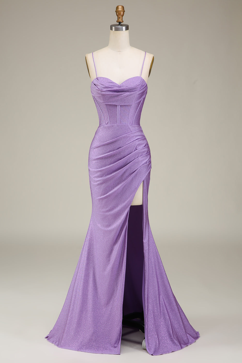 Leely Women Lilac Prom Dress with Corset Satin Spaghetti Straps Evening Party Dress with Slit