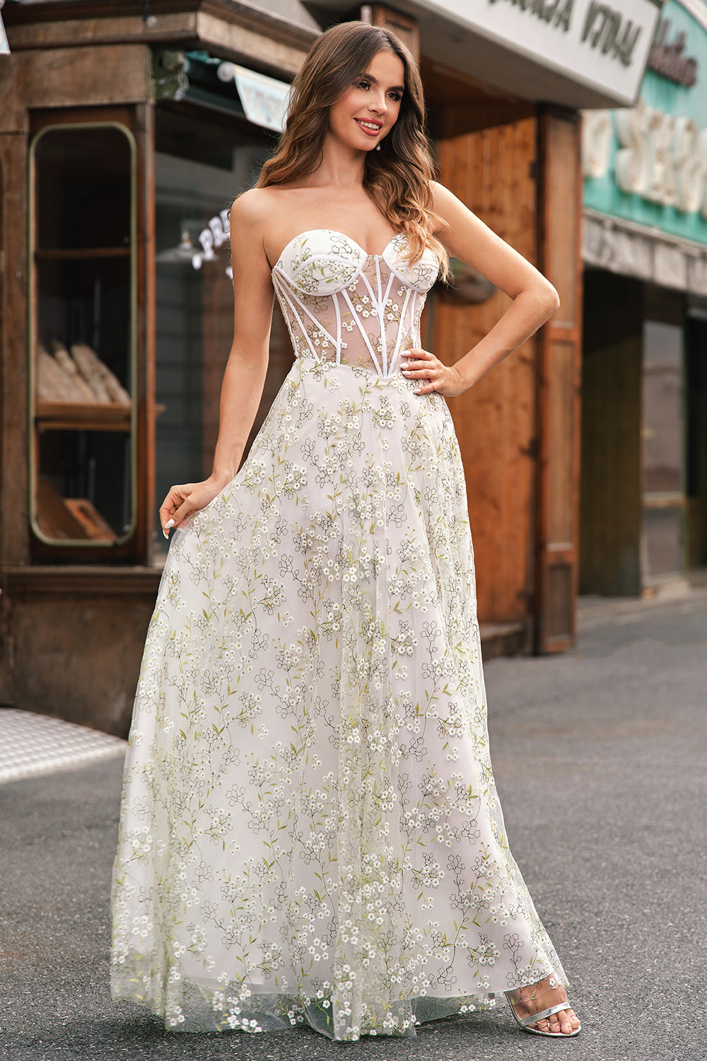 Strapless A-Line Light Green Corset Floral Prom Dress with Slit