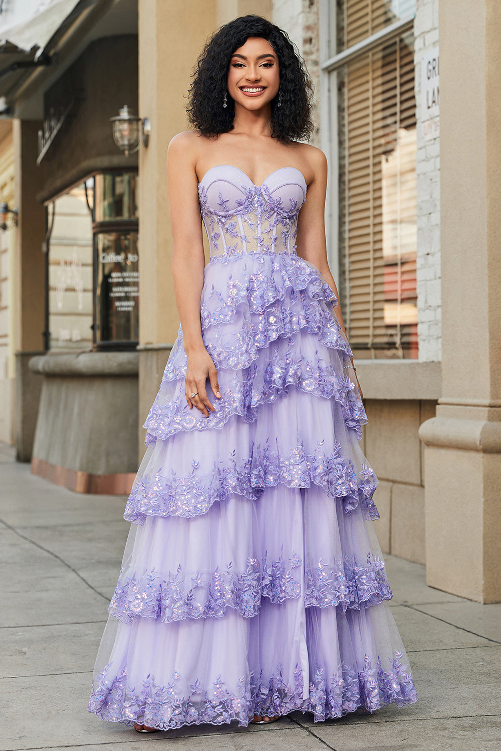 Leely Women Lavender Long Corset Prom Dress With Tiered Lace Princess A Line Sweetheart Formal Dress