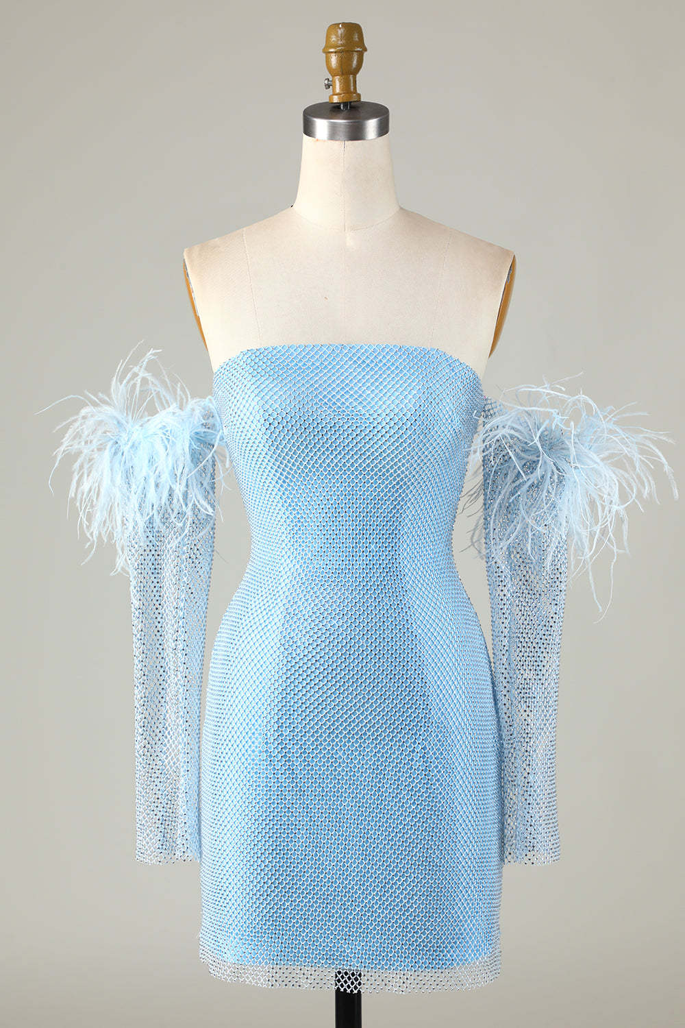 Leely Women Detachable Sleeves Strapless Blue Tight Mini Homecoming Dress with Feathers