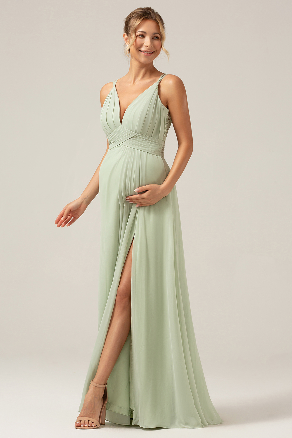 Dusty Sage A-Line Pleated Spaghetti Straps Chiffon Maternity Bridesmaid Dress With Slit