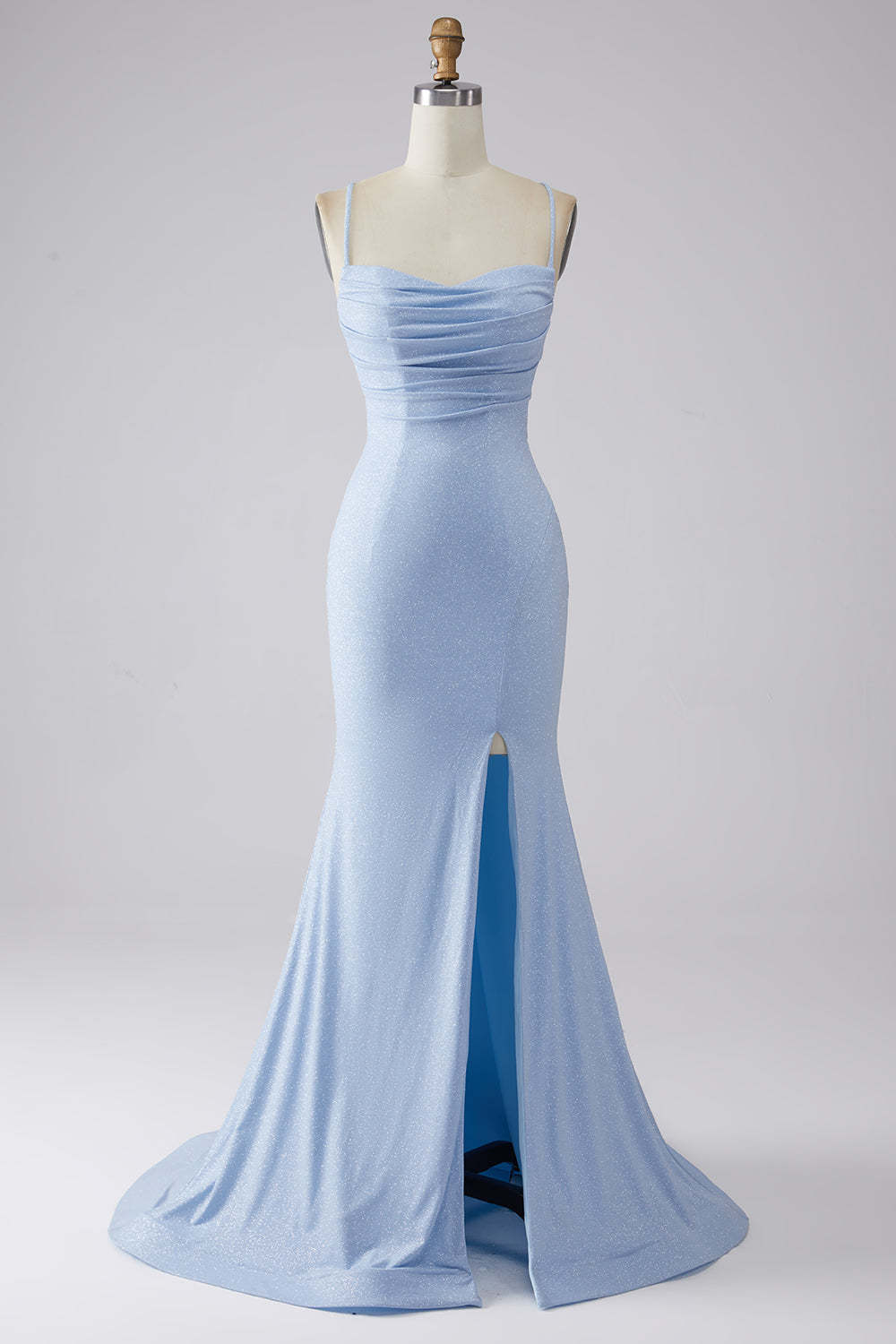 Leely Women Sparkly Mermaid Prom Dress with Slit Light Blue Spaghetti Straps Party Dress with Pleated