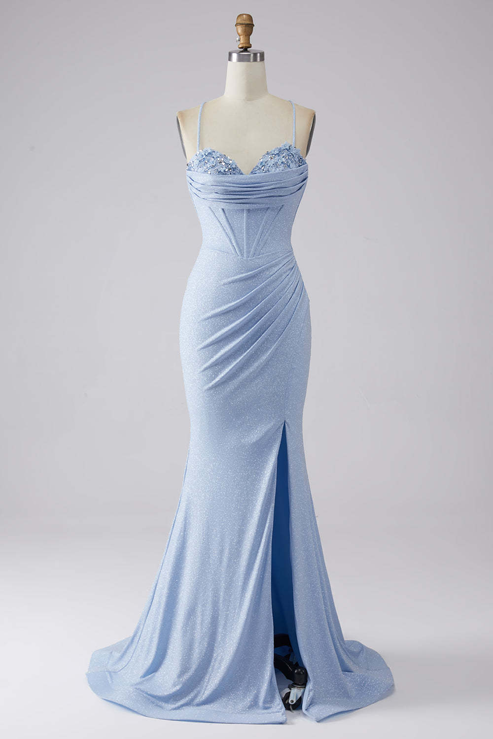 Leely Women Sparkly Mermaid Prom Dress with Slit Light Blue Long Party Dress with Pleated