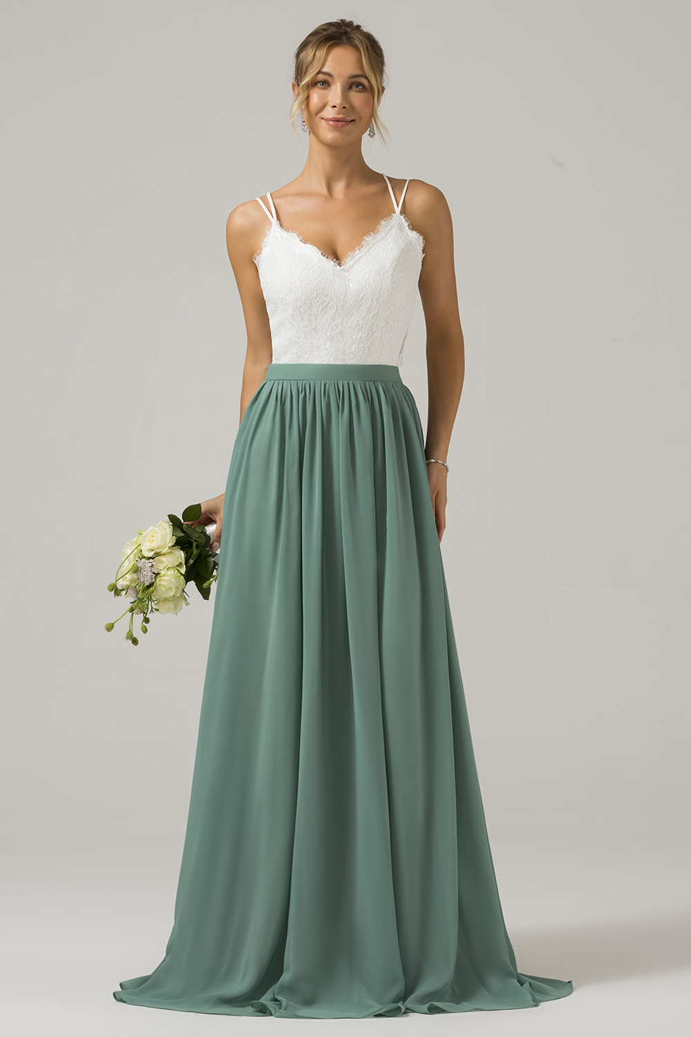 Leely Women Eucalyptus A-Line Satin Bridesmaid Dress Spaghetti Straps Pleated Long Wedding Guest Dress With Lace