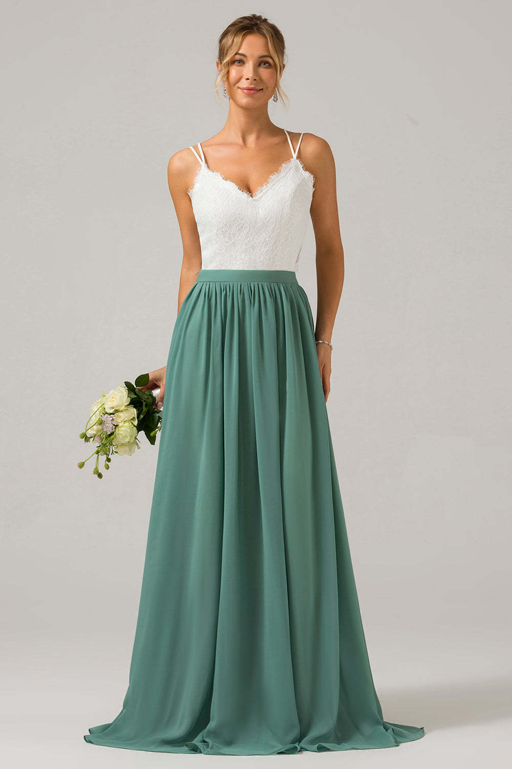 Eucalyptus A-Line Long Chiffon Bridesmaid Dress with Embroidery
