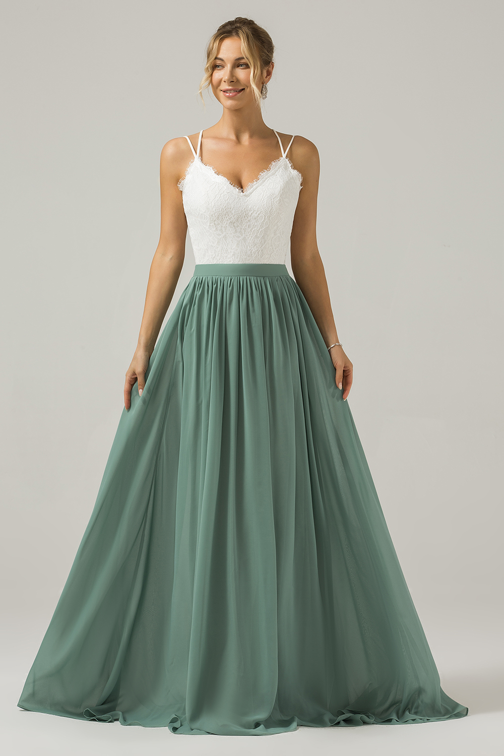 Eucalyptus A-Line Spaghetti Straps Pleated Long Bridesmaid Dress With Lace