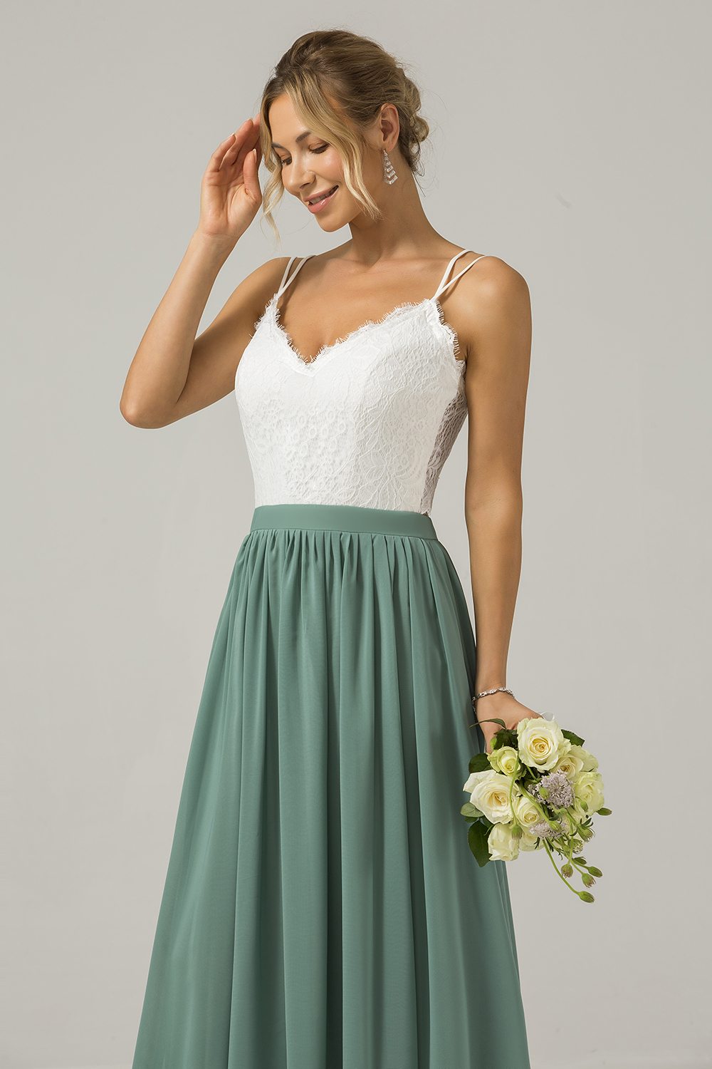 Eucalyptus A-Line Spaghetti Straps Pleated Long Bridesmaid Dress With Lace