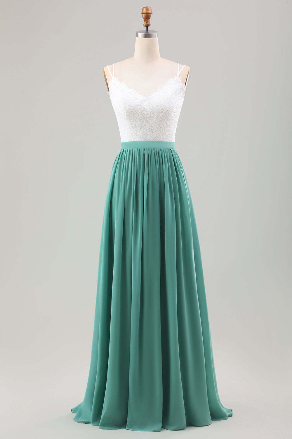 Leely Women Eucalyptus A-Line Satin Bridesmaid Dress Spaghetti Straps Pleated Long Wedding Guest Dress With Lace