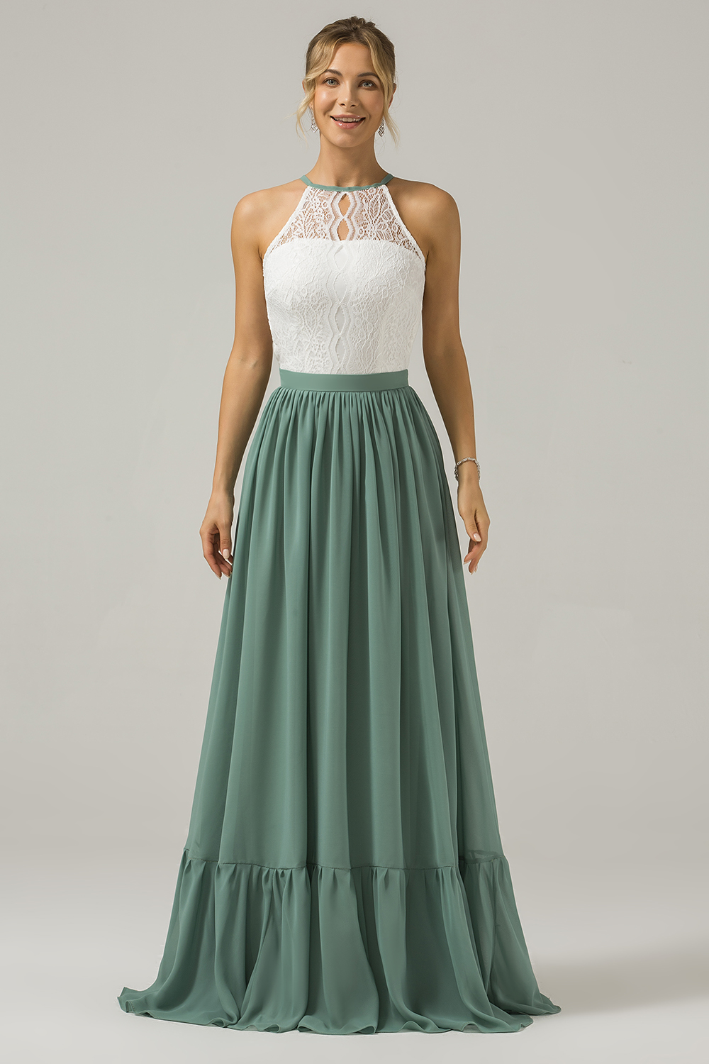 Eucalyptus A-Line Halter Pleated Keyhole Chiffon Bridesmaid Dress With Lace