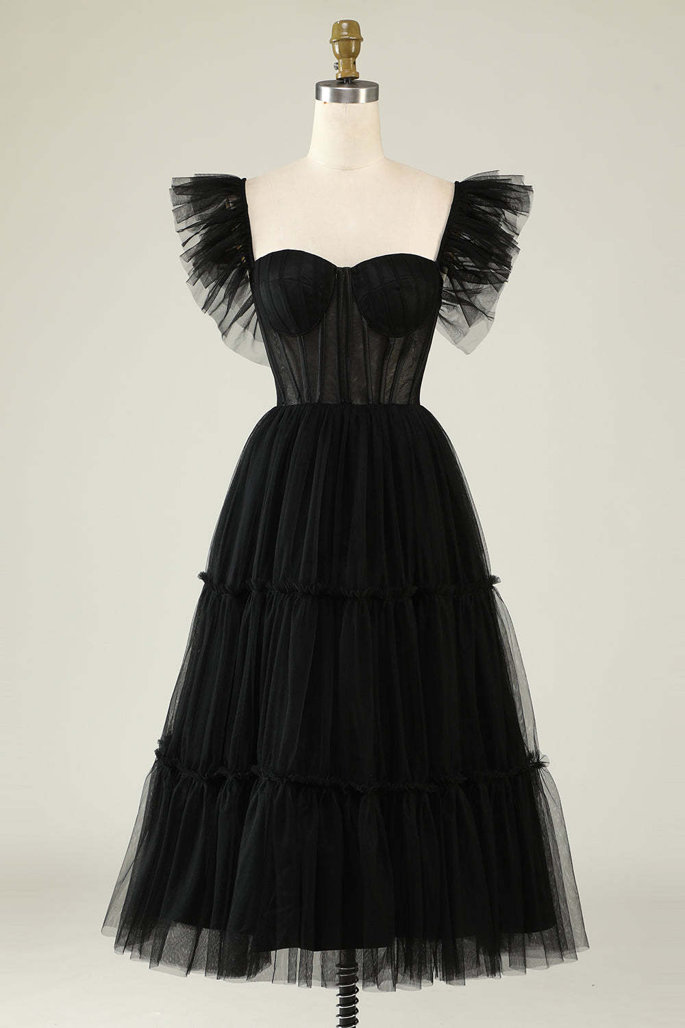 LEELY Women Black Sweetheart Corset Cocktail Dress A-Line Tulle Tea-Length Homecoming Party Dress