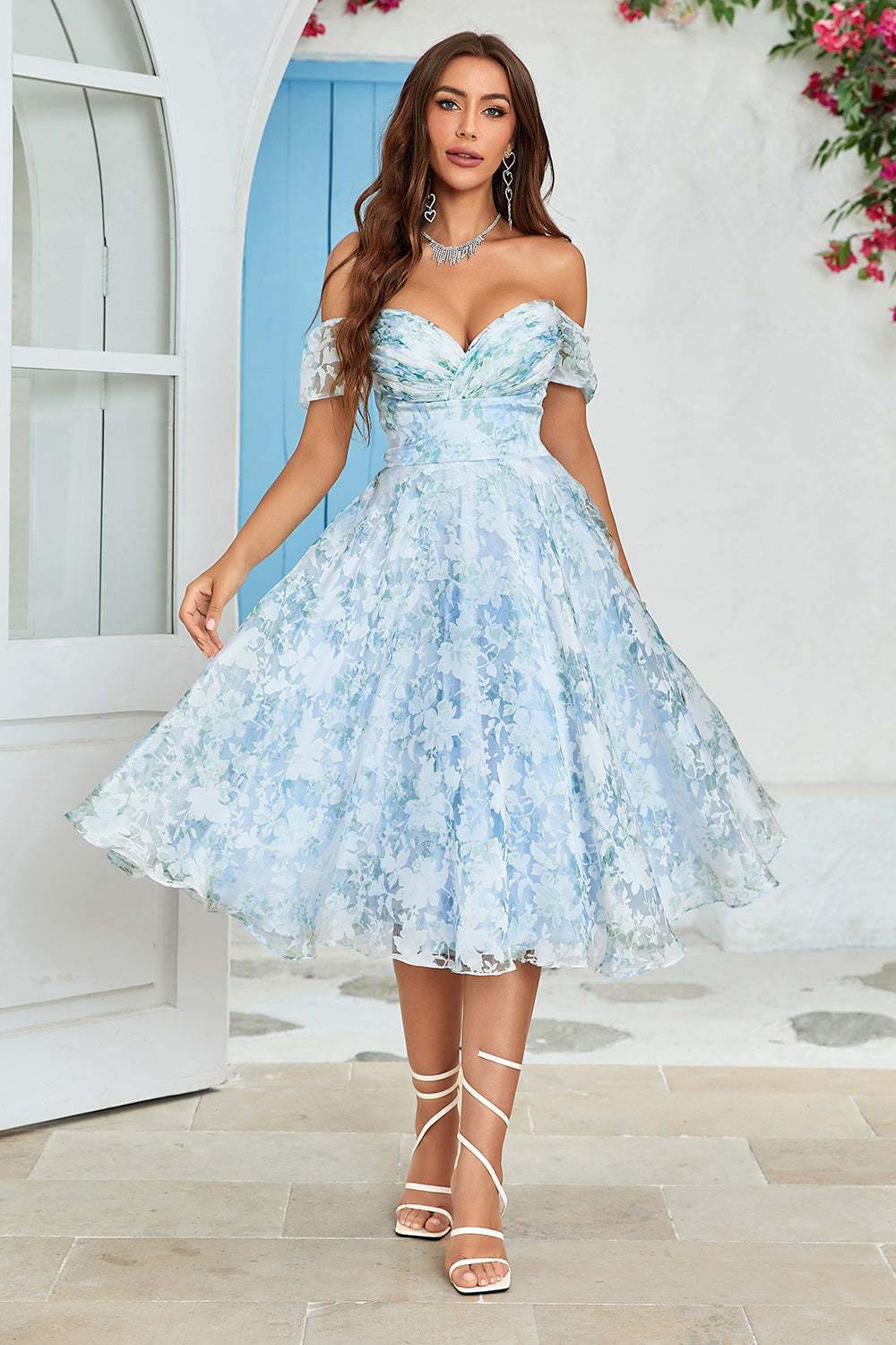 LEELY Women Blue Off The Shoulder Floral Lace Embroidery Homecoming Party Dress
