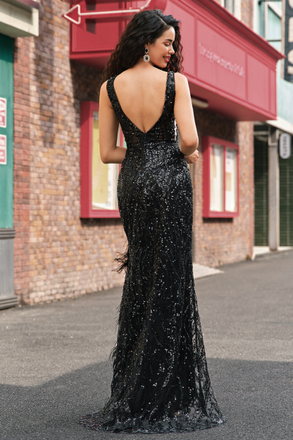Black Sparkly Deep V-neck Mermaid Prom Dress with Feathers