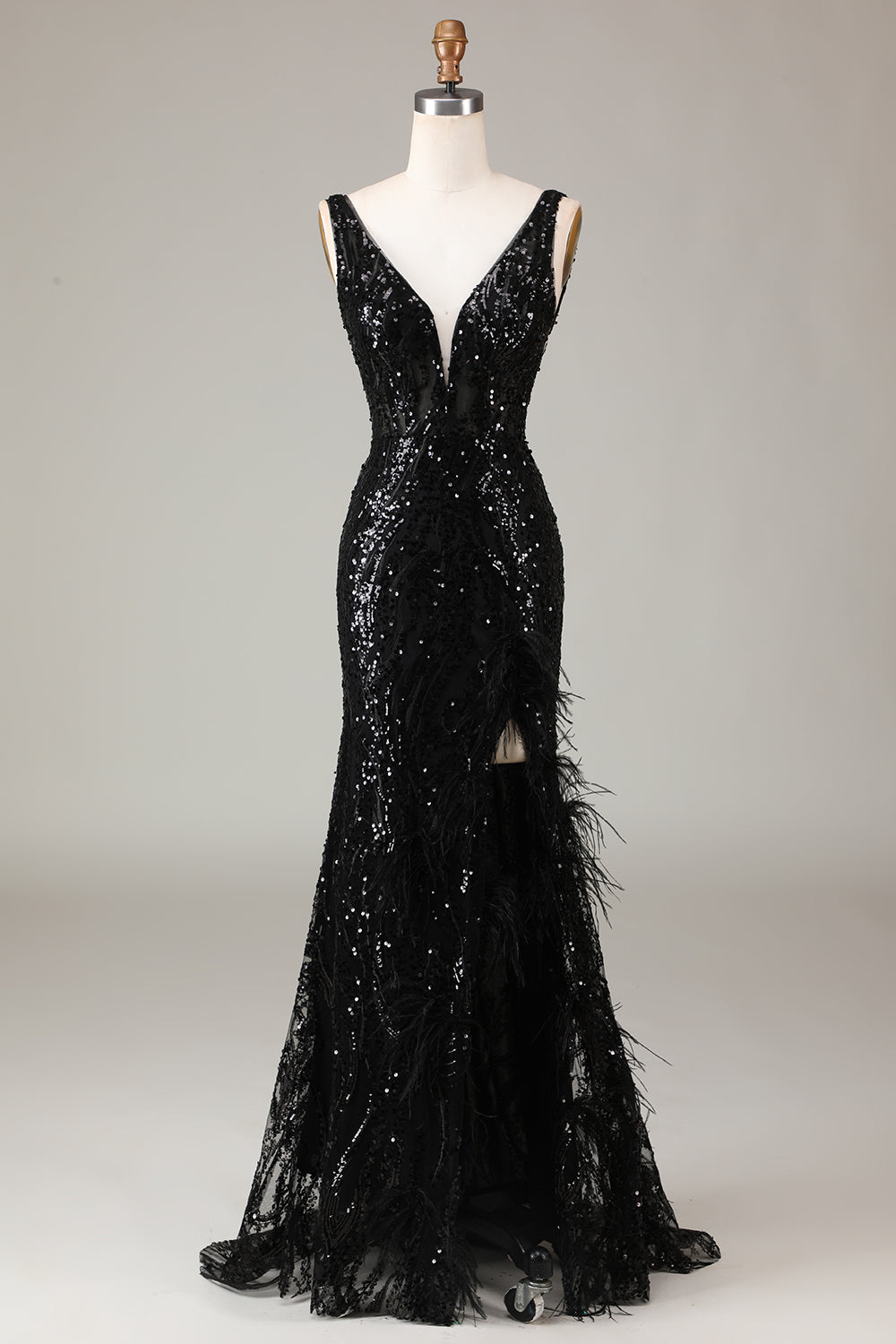 Black Sparkly V-neck Sequined Mermaid Prom Dress with Feathers