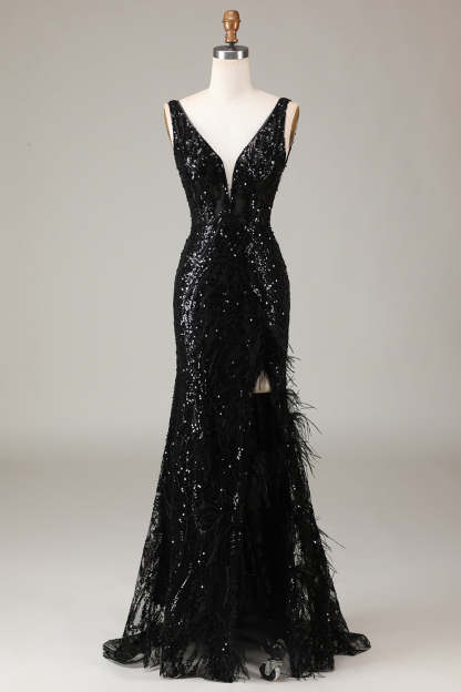Black Sparkly V-neck Sequined Mermaid Prom Dress with Feathers