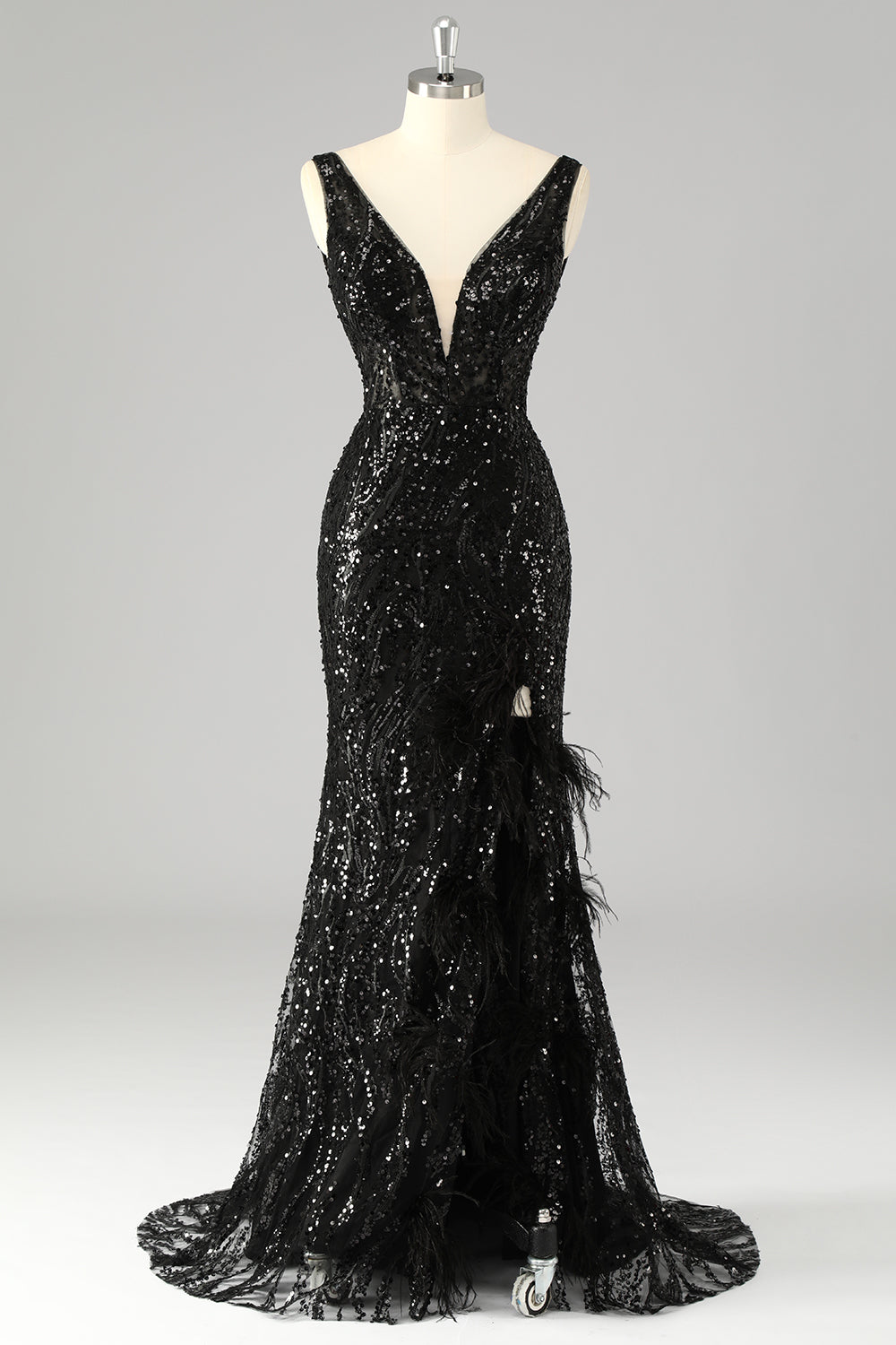 Sparkly Sequin V-Neck Mermaid Long Prom Dress with Feathers