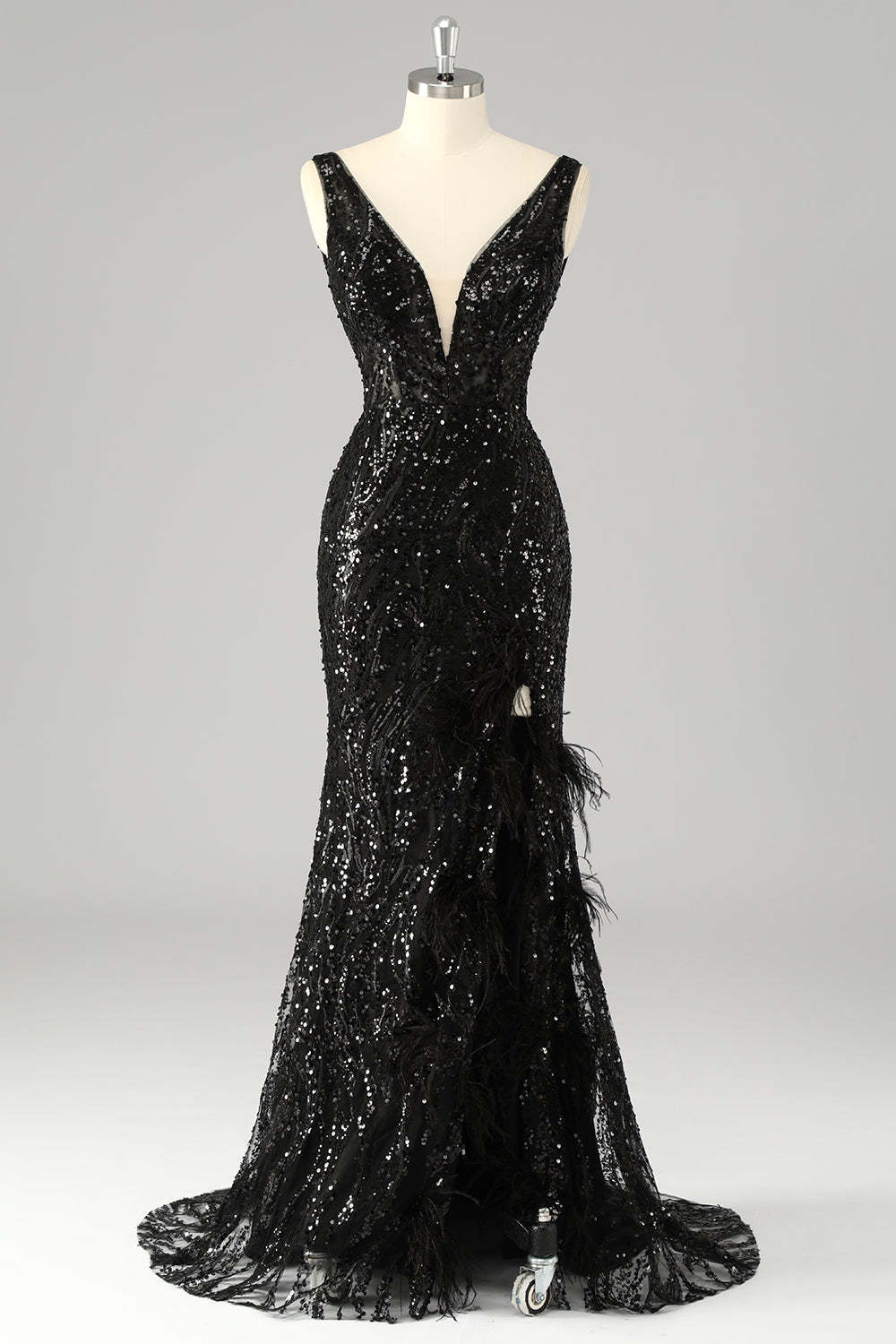 Leely Women Sparkly Mermaid Sequin Long Prom Dress with Feathers V-Neck Formal Dress with Slit