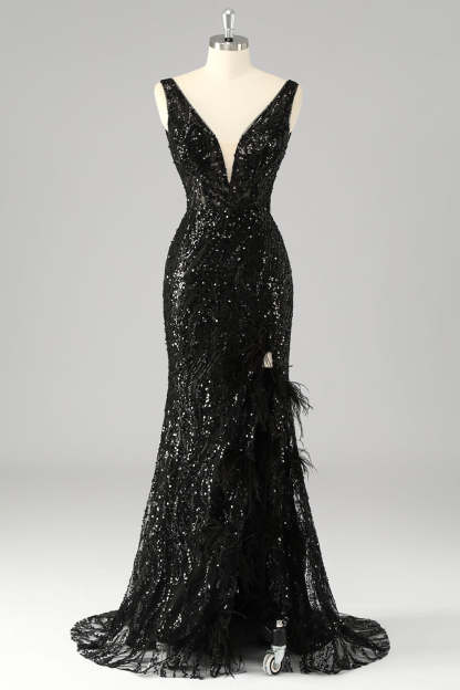 Leely Women Sparkly Mermaid Sequin Long Prom Dress with Feathers V-Neck Formal Dress with Slit