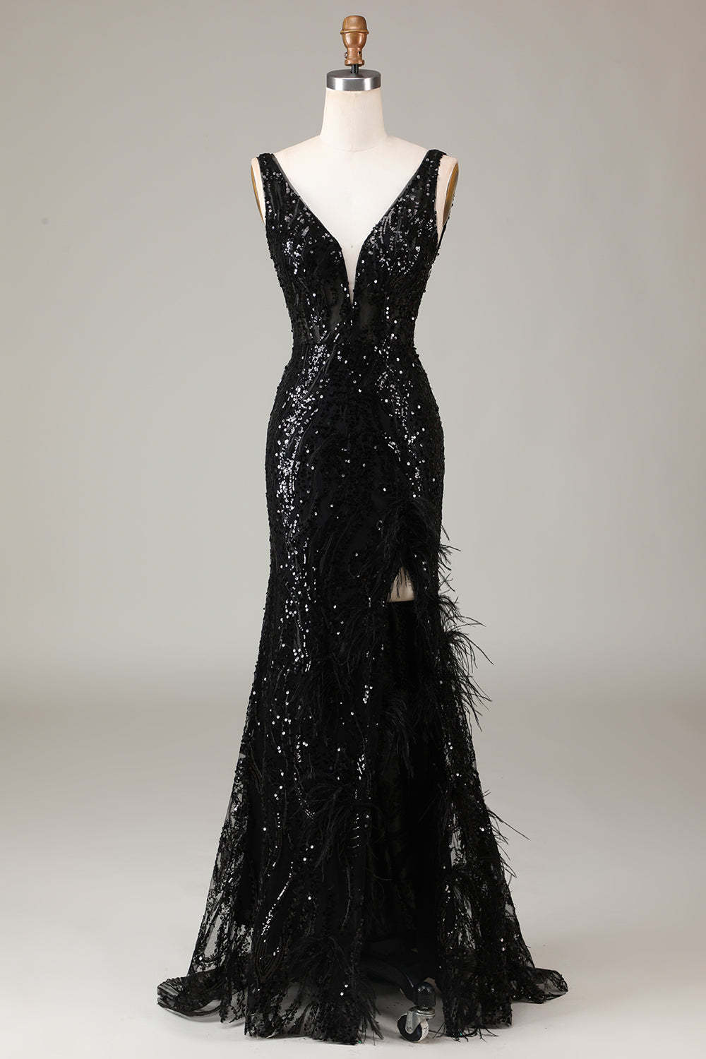 Leely Women Black Sparkly Depp V-neck Mermaid Prom Dress with Feathers