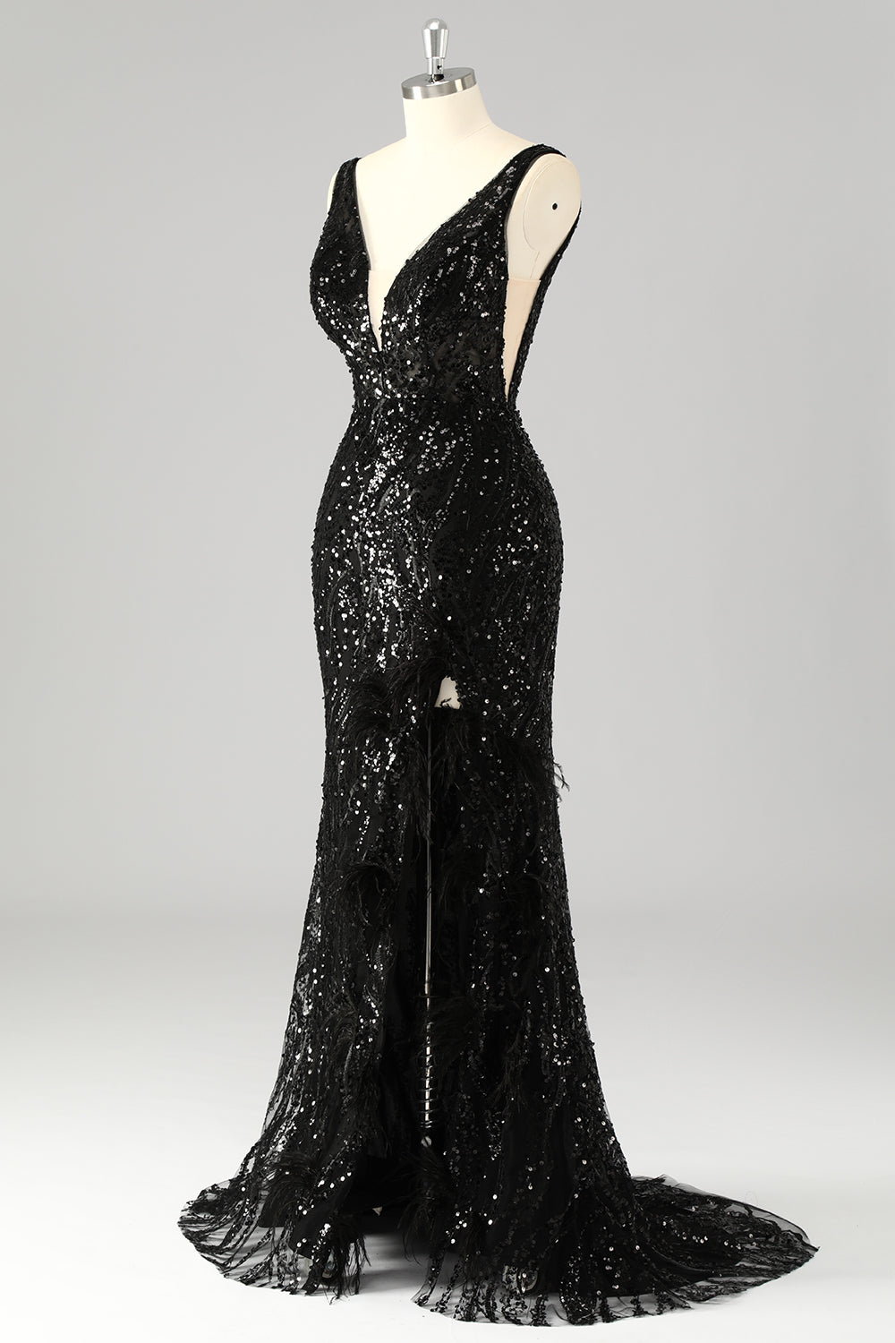 Sparkly Sequin V-Neck Mermaid Long Prom Dress with Feathers