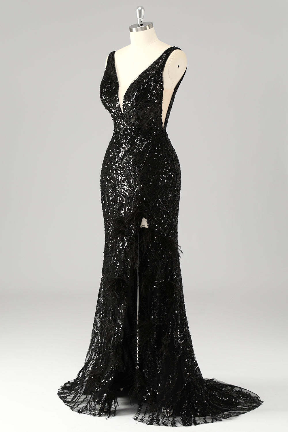 Sparkly Sequin V-Neck Mermaid Long Prom Dress with Feathers