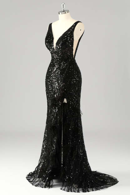 Sparkly Sequin V-Neck Mermaid Long Prom Dress with Feathers