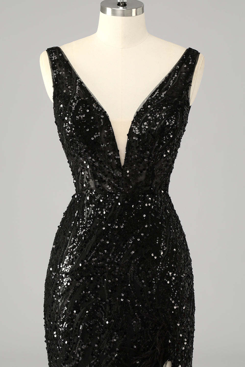 Sparkly Sequin V-Neck Mermaid Long Prom Dress with Feathers