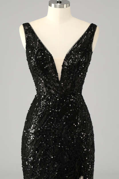 Sparkly Sequin V-Neck Mermaid Long Prom Dress with Feathers