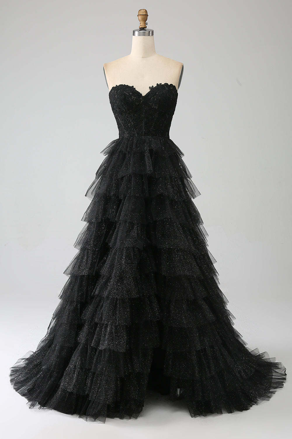 Leely Women Glitter Black Tiered Prom Dress with Slit A-line Sweetheart Evening Dress