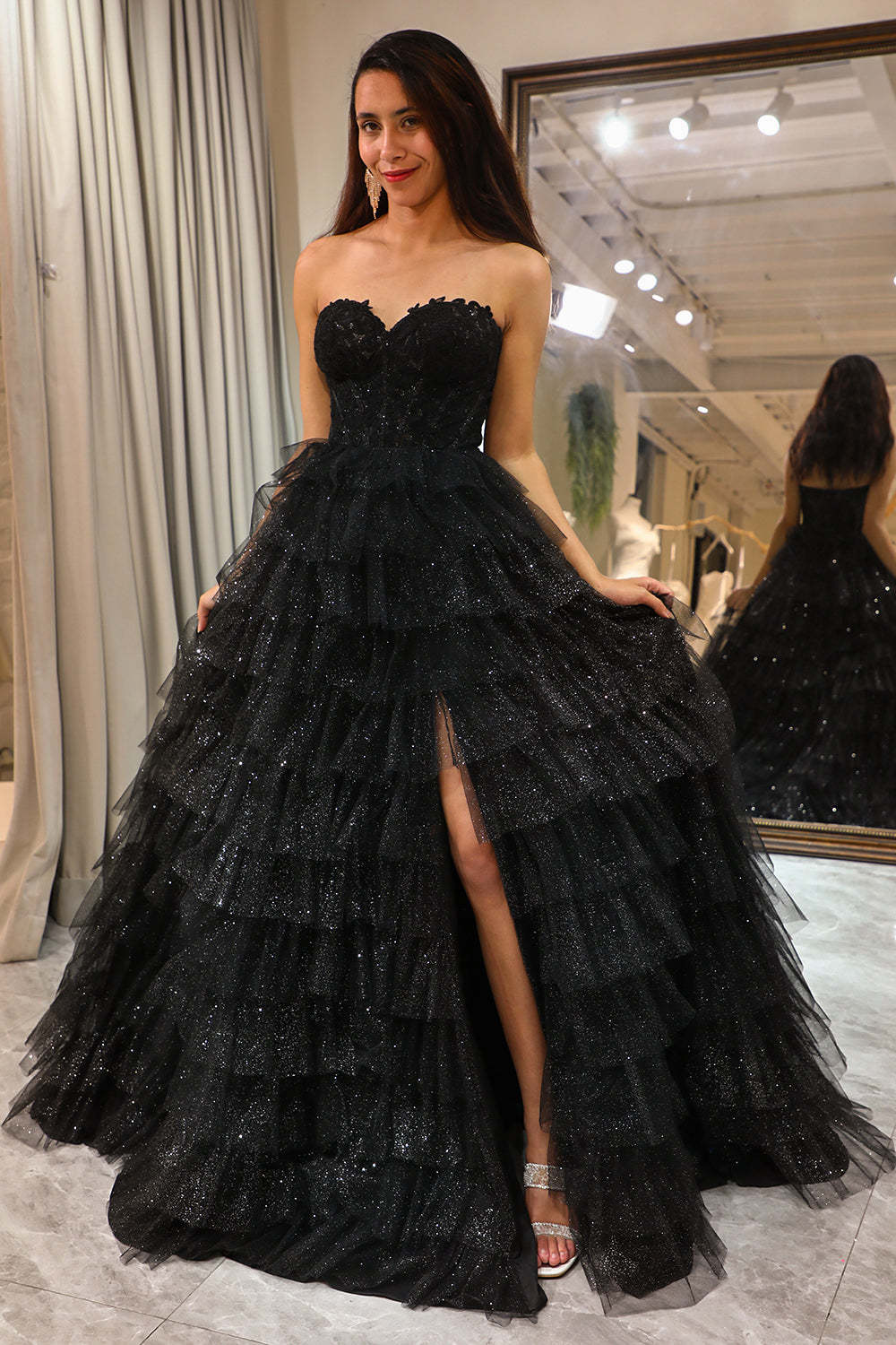 Leely Women Black Long Corset Prom Dress With Slit A Line Sweetheart Evening Dress