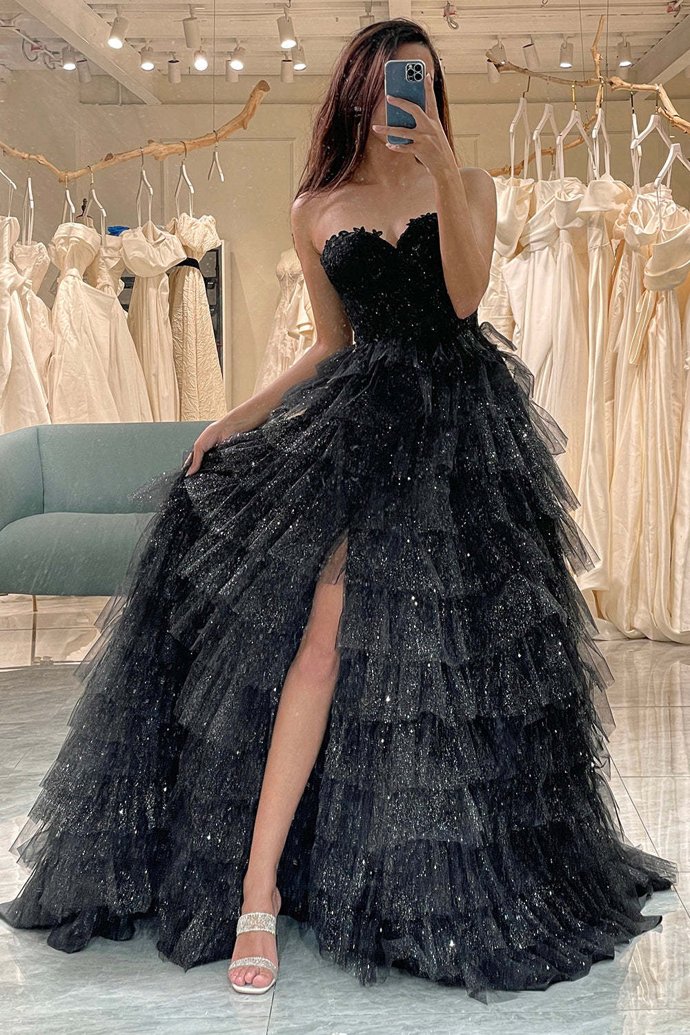 Black A Line Sweetheart Long Corset Prom Dress With Slit