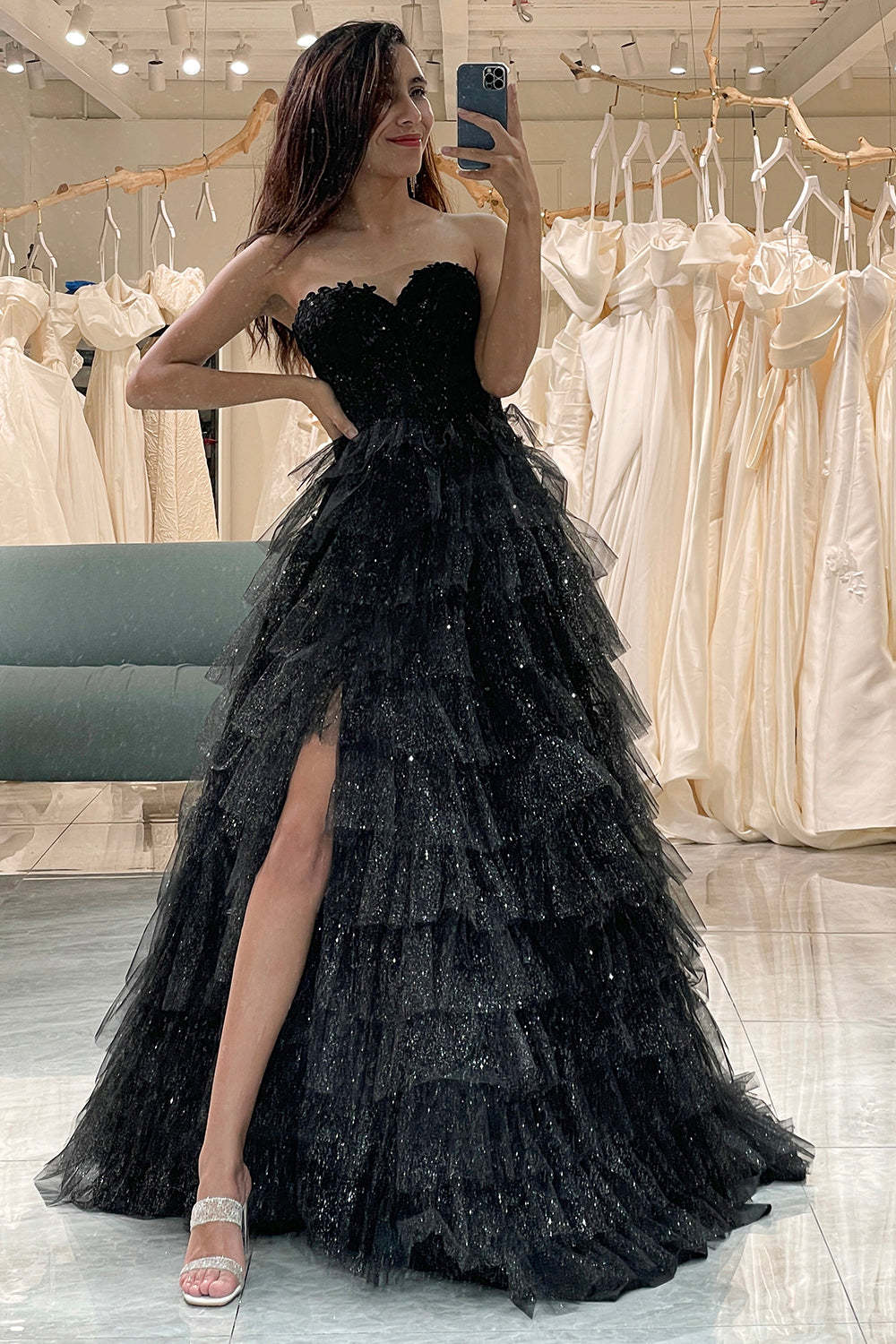 Black A Line Sweetheart Long Corset Prom Dress With Slit
