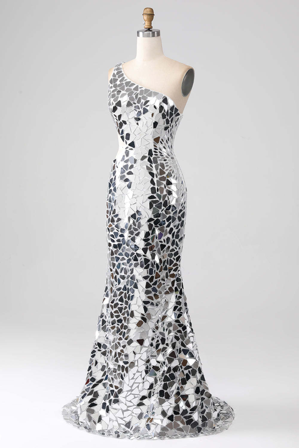 Silver Mirror Sequins One Shoulder Prom Dress with Hollow-out