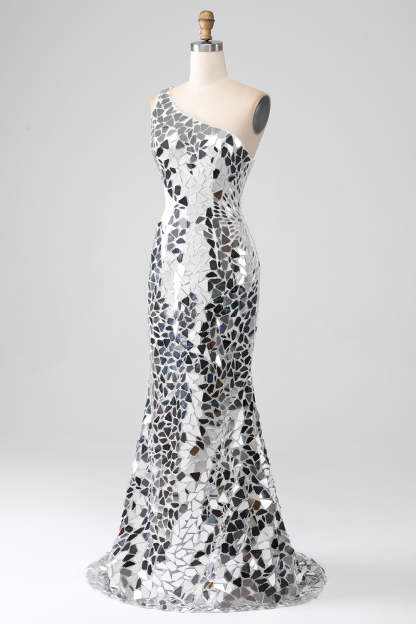 Silver Mirror Sequins One Shoulder Prom Dress with Hollow-out