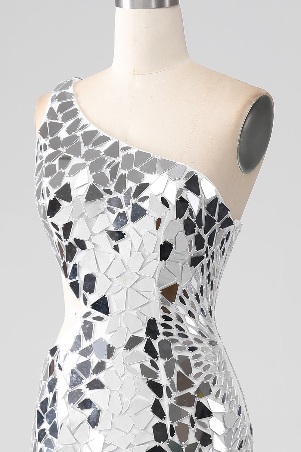 ＭＭ6 Silver mirrored one-shoulder dress Leely Women Silver Mirror Sequins One Shoulder Prom Dress with