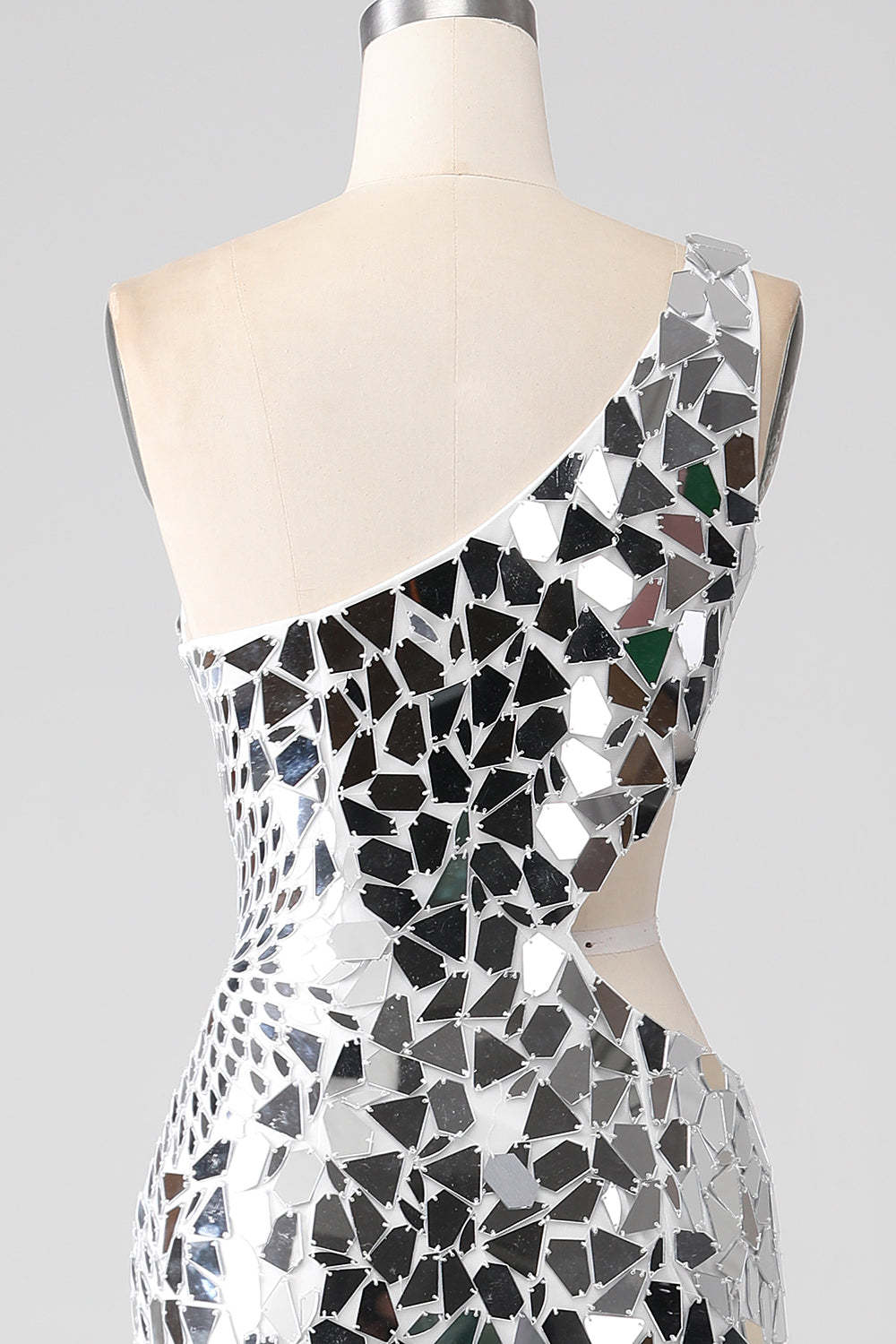 Silver Mirror Sequins One Shoulder Prom Dress with Hollow-out