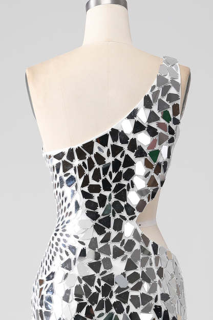Silver Mirror Sequins One Shoulder Prom Dress with Hollow-out