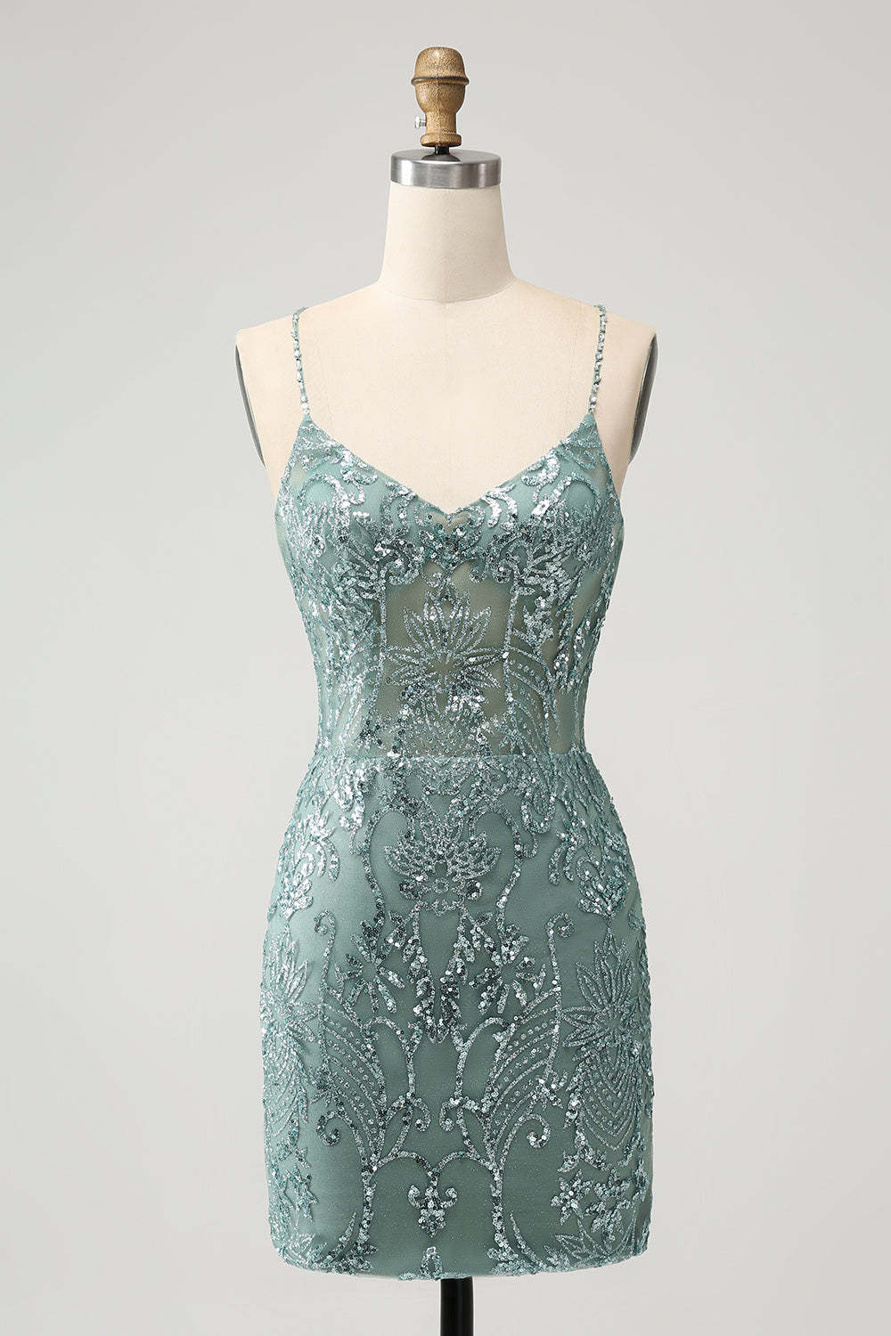 Leely Women Green Sequins Bodycon Short Homecoming Dress Beaded Spaghetti Straps Lace Up Cocktail Dress with Criss Cross Back