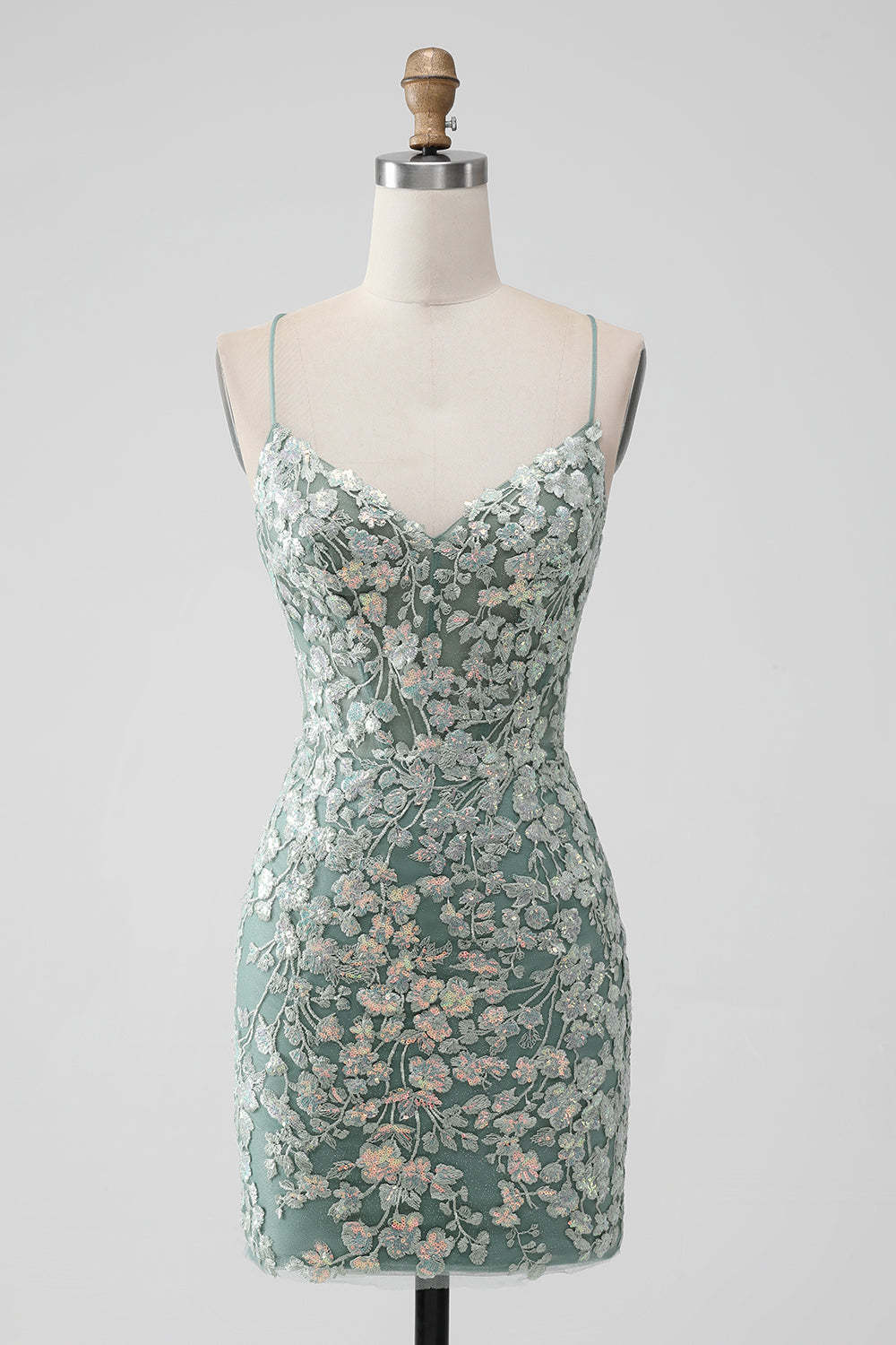 Leely Women Grey Green Bodycon Homecoming Dress with Sequins Lace-up Back Short Cocktail Dress