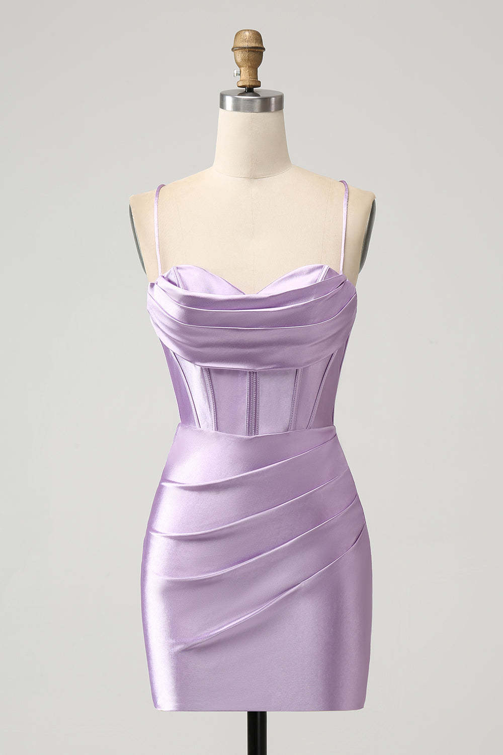 Leely Women Lilac Pleated Bodycon Short Homecoming Dress Spaghetti Straps Corset Satin Cocktail Dress