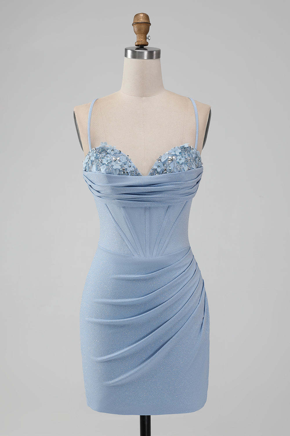 Leely Women Light Blue Tight Homecoming Dress Corset Spaghetti Straps Pleated Short Prom Dress
