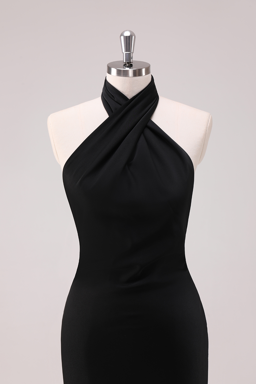 Black Satin Halter Mermaid Backless Bridesmaid Dress