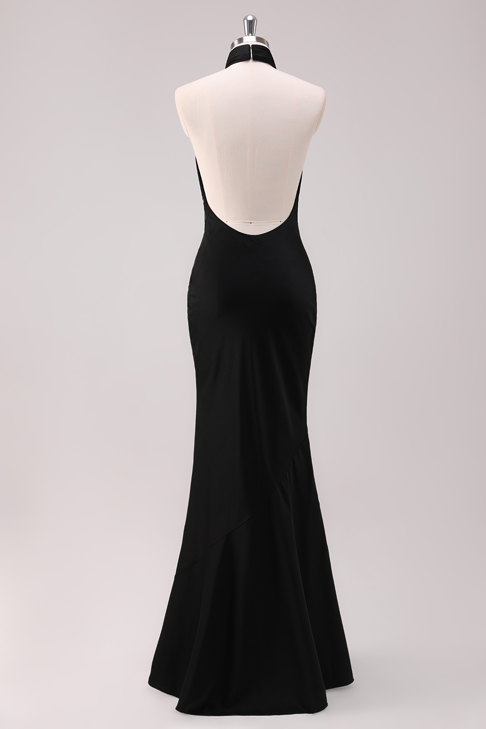 Black Satin Halter Mermaid Backless Bridesmaid Dress
