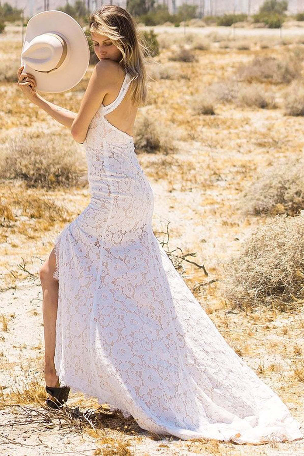 Ivory Open Back Boho Lace Wedding Dress