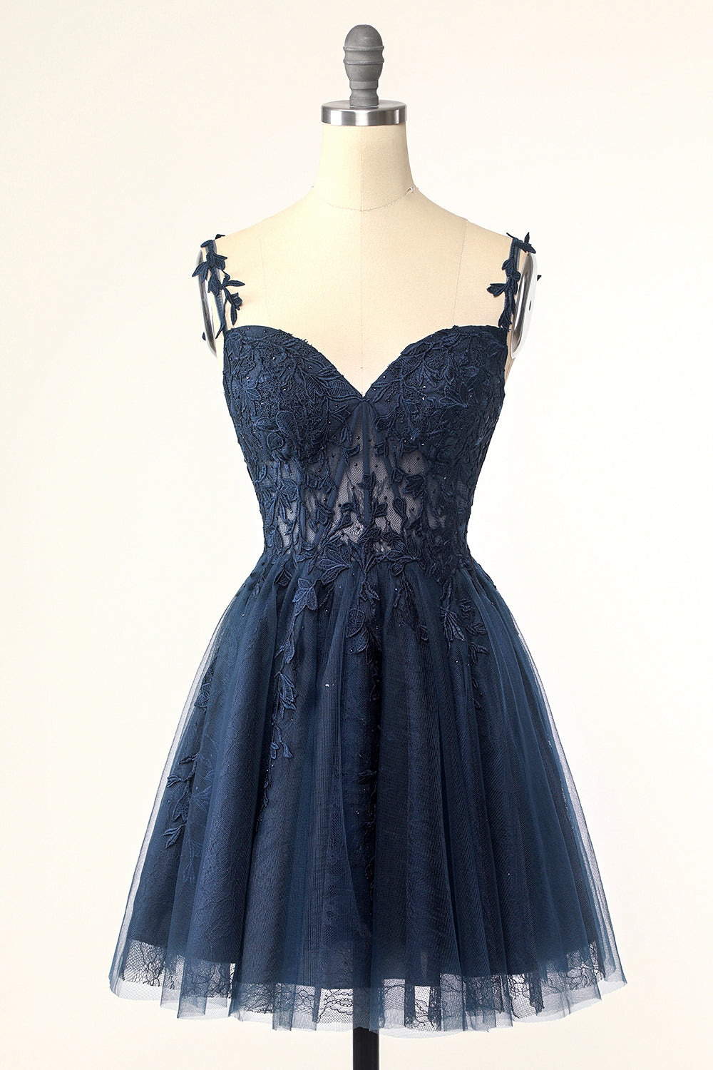 LEELY Women Corset Short Applique Homecoming Dress with Appliques Navy Spaghetti Straps Party Dress
