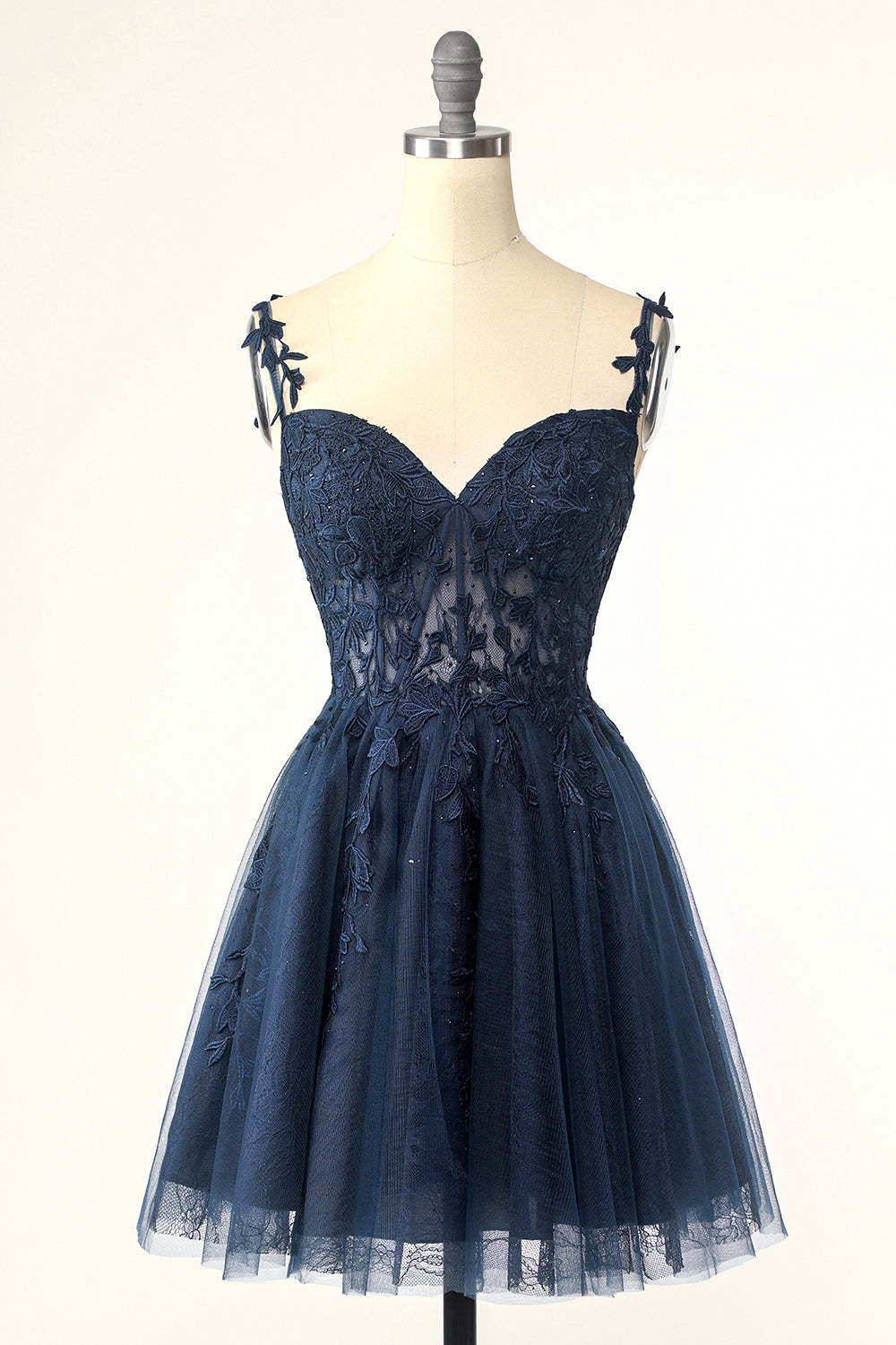 LEELY Women Corset Short Applique Homecoming Dress with Appliques Navy Spaghetti Straps Party Dress