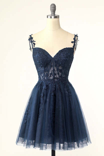 LEELY Women Corset Short Applique Homecoming Dress with Appliques Navy Spaghetti Straps Party Dress