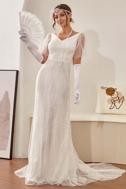 Leely Women 1920s Bridal Dress White V Neck Lace Short Sleeves Sheath Wedding Dress